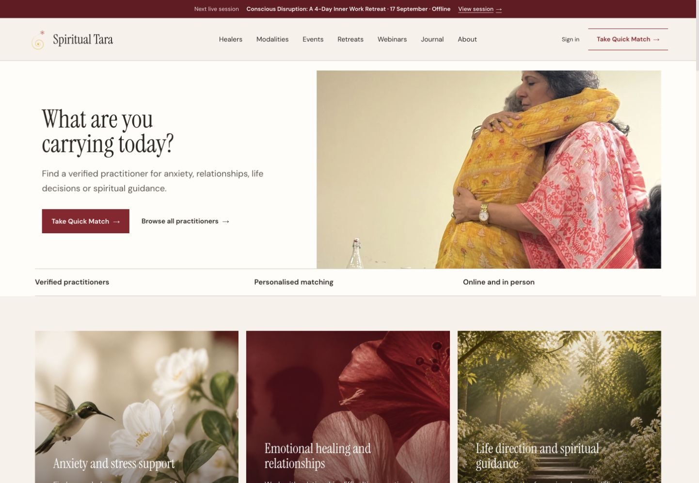 Spiritual Tara website showing its spiritual experiences and practitioner discovery platform